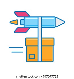 Express shipping icon for fast delivery. A rocket missile delivering package box. Flat vector design.
