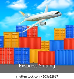 Express shipping poster with different colors cargo containers in open storage and airplane vector illustration