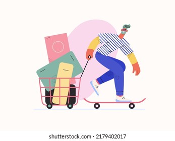 Express shopping -Online shopping and electronic commerce series - modern flat vector concept illustration, man on skateboard with shopping basket. Promotion, discounts, sale and online orders concept