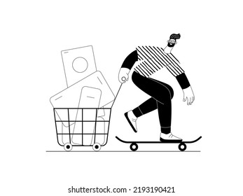 Express shopping -Online shopping and electronic commerce series - modern flat vector concept illustration, man on skateboard with shopping basket. Promotion, discounts, sale and online orders
