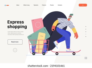 Express shopping -Online shopping, electronic commerce web template -modern flat vector concept illustration, man on skateboard with shopping basket. Promotion, discounts, sale, online orders