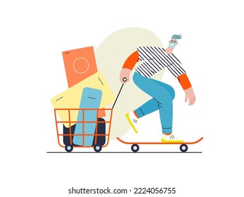 Express-Shopping - Online-Shopping und E-Commerce-Serie - moderne flache Vektorgrafik, Mann auf Skateboard mit Einkaufskorb. Konzept der Verkaufsförderung, Rabatte, des Verkaufs und der Online-Bestellungen