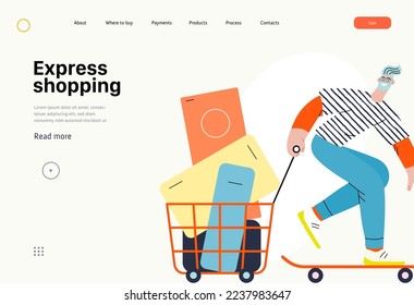 Express shopping -Online shopping and electronic commerce series - modern flat vector concept illustration, man on skateboard with shopping basket. Promotion, discounts, sale and online orders concept