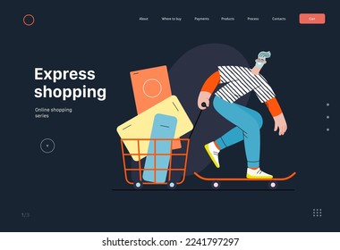 Express shopping -Online shopping and electronic commerce series - modern flat vector concept illustration, man on skateboard with shopping basket. Promotion, discounts, sale and online orders concept