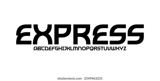 Express, fuente de tecnología, alfabeto digital, letras de moda de Latina de la A a la Z y números árabes de 0 a 9 para usted ui ux diseños, Ilustración vectorial 10EPS
