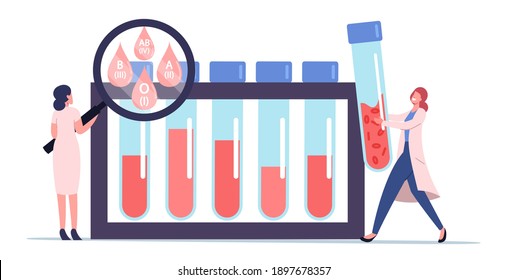 Express Test for Blood Type Expertise Concept. Tiny Male and Female Doctor Characters at Huge Glass Flasks Examining Lifeblood for Detection of Type in Laboratory. Cartoon People Vector Illustration