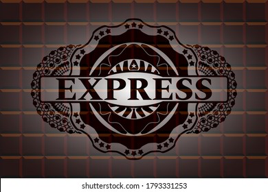 Texto exprés dentro de una barra de chocolate con una insignia realista. Fondo de fantasía marrón. Ilustración intensa. 