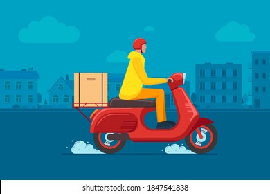 Express town delivery service courier on scooter concept. Online fast logistic male on bicycle moped with orders parcel box on cityscape street. Goods or food carrying vector flat illustration