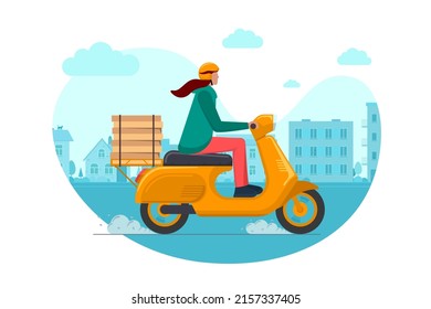 Express town pizza delivery by order service woman courier on moped. Fast logistic female on orange motor scooter delivering food box on cityscape road. Goods carrying by girl vector eps illustration