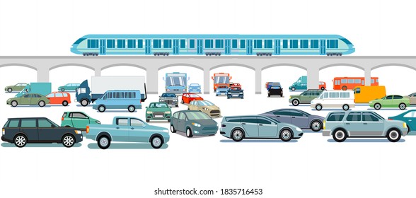 Express train and cars on the intersection