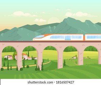 Express train flat color vector illustration. Railway with fast locomotive for travel. Village buildings. Rocky mountains line. Countryside 2D cartoon landscape with nature on background