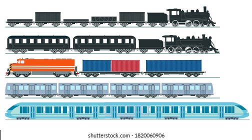 Express train freight train steam locomotive, railroad car. Freight, set - vector illustration