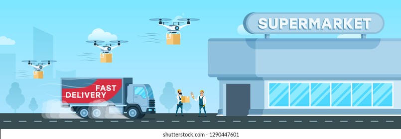 Express Truck, Air Drone Delivery to Supermarket. Flying Device and Fast Shipping Van Delivering Goods and Box to Modern Glass City Mall. Worker Checking Freight. Flat Cartoon Vector Illustration