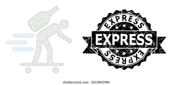 Sello de sellado de sellos y modelo de malla de mensajero de vino expreso vectorial. El sello negro incluye el título Express dentro de la cinta y rosette. Abstracto de mensajero de vino expreso de malla plana, diseñado con malla plana.
