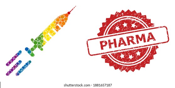Express vaccine collage icon of circle dots in various sizes and LGBT bright color tones, and Pharma dirty rosette seal. A dotted LGBT-colored Express vaccine for lesbians, gays, transgenders,