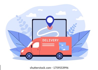 Express van delivering parcel, box or package. Map, GPS, vehicle flat vector illustration. Delivery service and logistics concept for banner, website design or landing web page