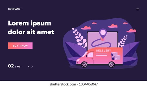 Express van delivering parcel, box or package. Map, GPS, vehicle flat vector illustration. Delivery service and logistics concept for banner, website design or landing web page
