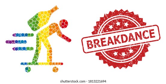 Express wine courier collage icon of spheric elements in variable sizes and LGBT bright color tinges, and Breakdance grunge rosette seal print. A dotted LGBT-colored Express wine courier for lesbians,
