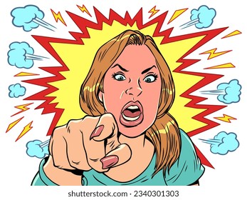 Express your anger at other people. In comic book style, the girl is in a state of anger. The woman screams in rage and points with her index finger. Pop Art Retro Vector Illustration Kitsch Vintage