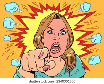 Express your anger at other people. In comic book style, the girl is in a state of anger. The woman screams in rage and points with her index finger. Pop Art Retro Vector Illustration Kitsch Vintage