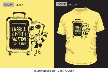 Exprese su pasión por los viajes con este diseño único de camiseta con la frase "Necesito unas vacaciones de 6 meses dos veces al año" junto con una divertida Ilustración vectorial de un personaje de dibujos animados listo para las vacaciones.