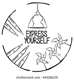 Express Yourself. Frame: pencil, lamp. Isolated vector object on white background.
