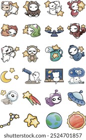 Expresé constelaciones con personajes de gatos.
También hay pegatinas de iconos sobre el universo.