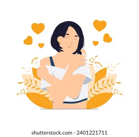 Expresa amor propio, autoestima, autocuidado. la mujer abraza suavemente su propio cuerpo, se abraza, mantiene los ojos cerrados mientras recuerda el concepto de momento romántico ilustración