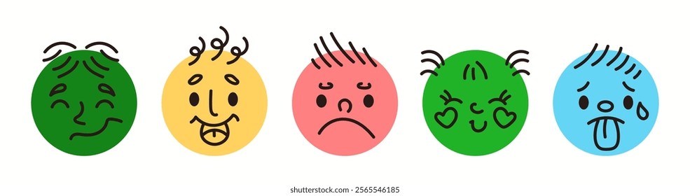 Expressing different feelings with emojis doodle flat color vector icon set. Social media reaction sign illustrations pack on white background