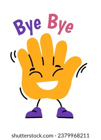 Expressing farewell and good wishes when parting with someone. Positive hand character with smile, squinted eyes goodbye gesture. Emoji or emoticon, sticker or personage. Vector in flat style