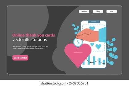 Expressing gratitude digitally web or landing. A heartfelt thanks through online transactions and messages. Flat vector illustration.