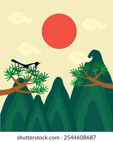 Expressing the large red sun, pine trees, magpies, mountain valleys, etc. with the traditional image of Korea