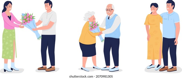 Expressing love with flowers semi flat color vector characters set. Full body people on white. Happy couples isolated modern cartoon style illustrations collection for graphic design and animation