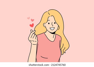 Expressing love and romance concept. Young positive girl feeling love and care in fingers and hands over pink air background vector illustration 