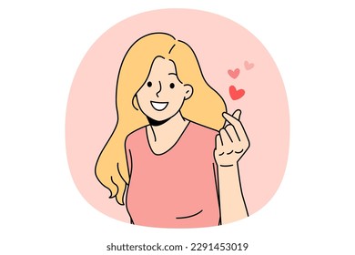 Expressing love and romance concept. Young positive girl feeling love and care in fingers and hands over pink air background vector illustration