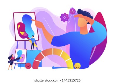 Expressing thoughts and feelings , satisfaction through art. Emotional design, user positive experience, design of client emotions concept. Bright vibrant violet vector isolated illustration