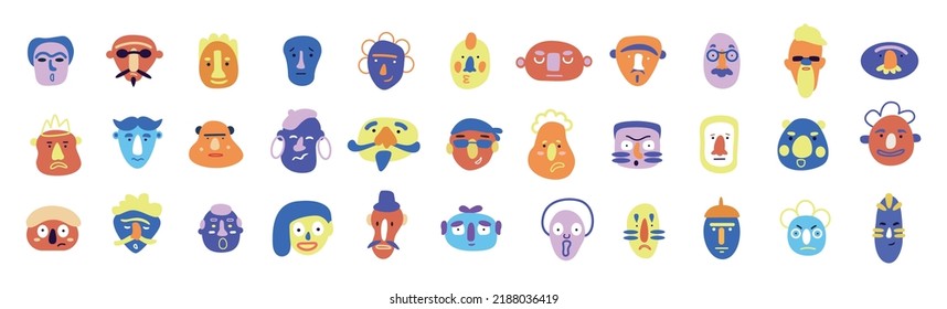 Expression avatar characters. Facial fun, happy and angry, sad and positive men and women, cute isolated icons. Social media portraits. Doodle style people. Vector cartoon flat illustration set
