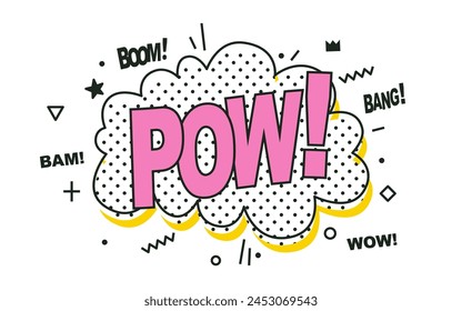 Ausdrucksballon mit Text Pow. Pow Sprachblase mit Polka Dots und Doodles auf weißem Hintergrund. Vektorillustration, Vintage-Design, Pop-Art-Stil. Comic bam boom bang Vektorgrafik element