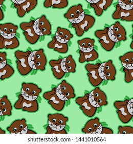 expression beaver confused, puzzled pet, perplexed, nervous cartoon, restless, uneasy funny animals otter cute seamless pattern with green background
