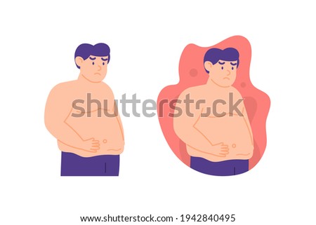 expression of a boy who is sad because he has a fat body. illustration of people who are obese or overweight. insecure and moody. flat style. vector design