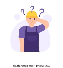 the expression of a confused or problematic male worker or laborer. someone who needs help or a solution, question mark. flat style. vector illustration design