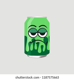 expression, crazy, silly, flat face cartoon green tin bottle, vector illustration
