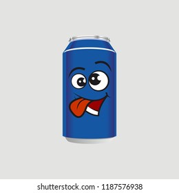 expression, crazy, silly, flat face cartoon blue tin bottle. Vectir illustration
