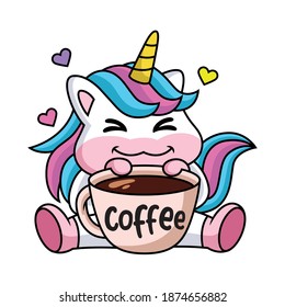 Ausdruck eines süßen Cartoons unicorn glücklich mit einer Tasse Kaffee