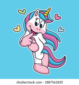 Expression Cute Unicorn with Loves in Blue Background. Animal Love Icon Concept Isolated Premium Vector.