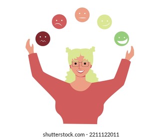 Expression of different emotions, anger, joy, sadness, flat vector stock illustration with woman isolated