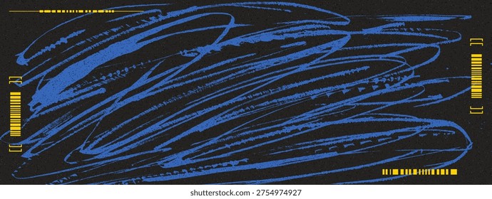 Expression dynamic paint brush squiggle sporty dark background. Graffiti-inspired scribbles grain background. Urban street fashion wall with blue lines, noise. Vector ink brush abstract grainy texture