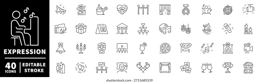 Conjunto de iconos de línea editables de expresión. símbolos lineales, de contorno, de celebración y de arte