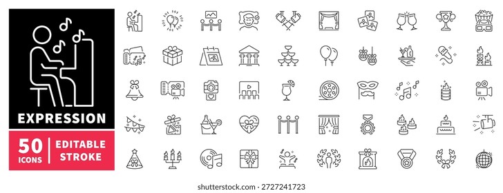Conjunto de iconos de línea editable de expresión: símbolos de celebración y fiesta