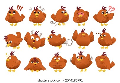 Conjunto de conceptos de expresión de emoción. Carácter de ave y pollo en diferentes emociones animales. Expresión facial ilustración vectorial plana para juegos, chat, medios sociales, publicaciones y libros